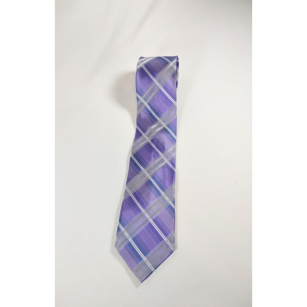Kenneth Cole Reaction 100% Silk Purple Gray Geometric Plaid Men's Long Neck Tie